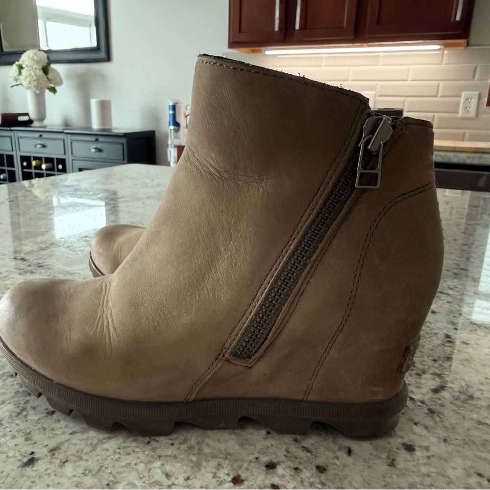 Sorel Joan of Arctic Taupe Wedge Ankle Boot with Side Zip